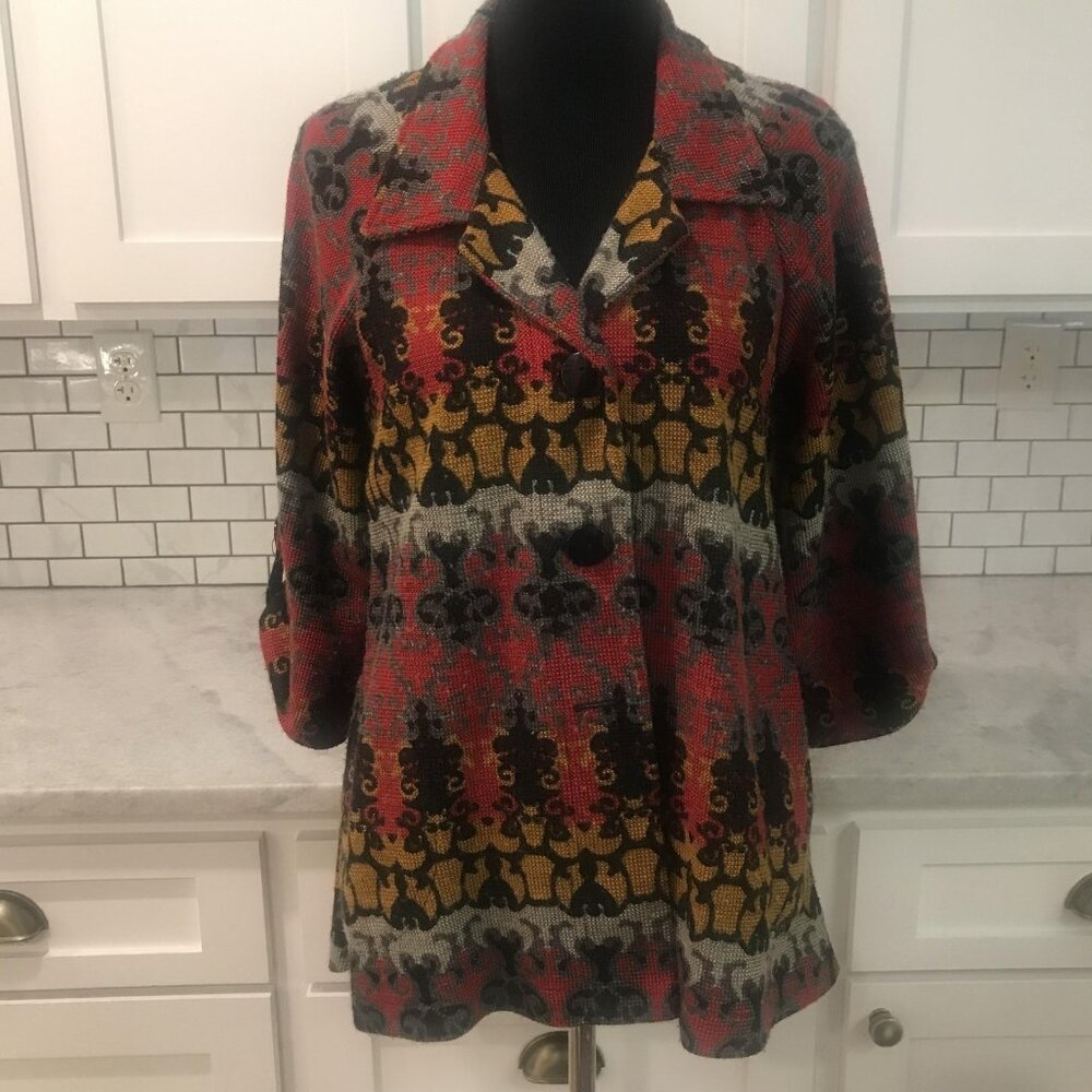 Luii for Anthropologie:  Red, Black, and Mustard Patterned Open-Front Jacket